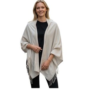 Crown Linen Designs Linen Poncho Cape OS Fringe Oatmeal Neutral Topper Boho